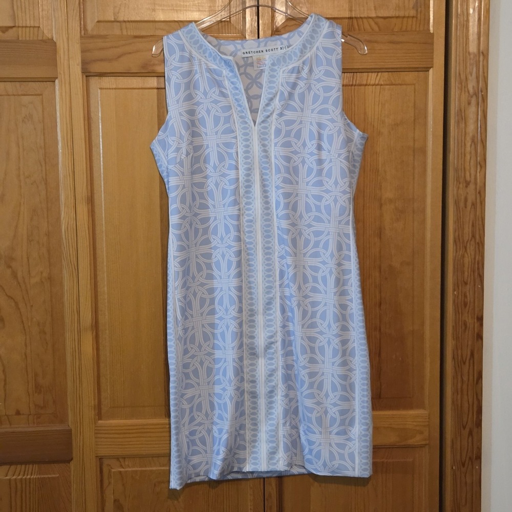 Gretchen Scott Designs Plain Jane Dress Medium Blue Ring Toss Sheath Sleeveless